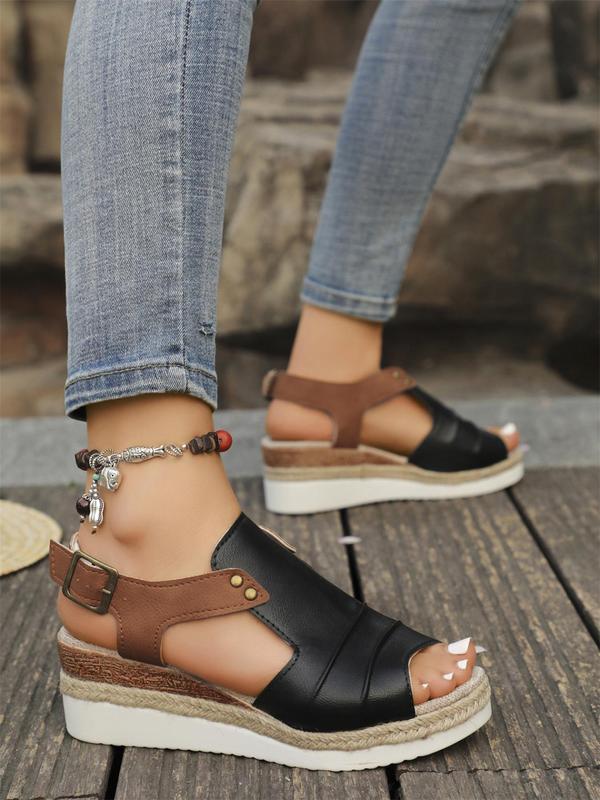 Women's Patchwork Design Peep Toe Wedge Sandals, Casual Comfortable Wedge Sandals for Summer, Lightweight Breathable Shoes for Daily Wear