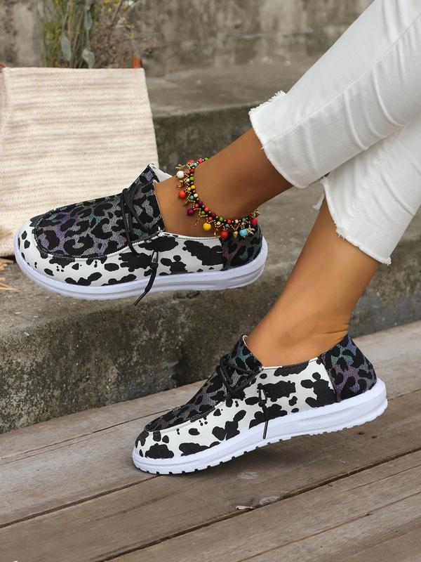 Summer Leopard Print Lace Up Canvas Sneakers, Casual Comfortable Breathable Round Toe Sports Shoes, Fashionable Shoes For Daily Back To School Wear