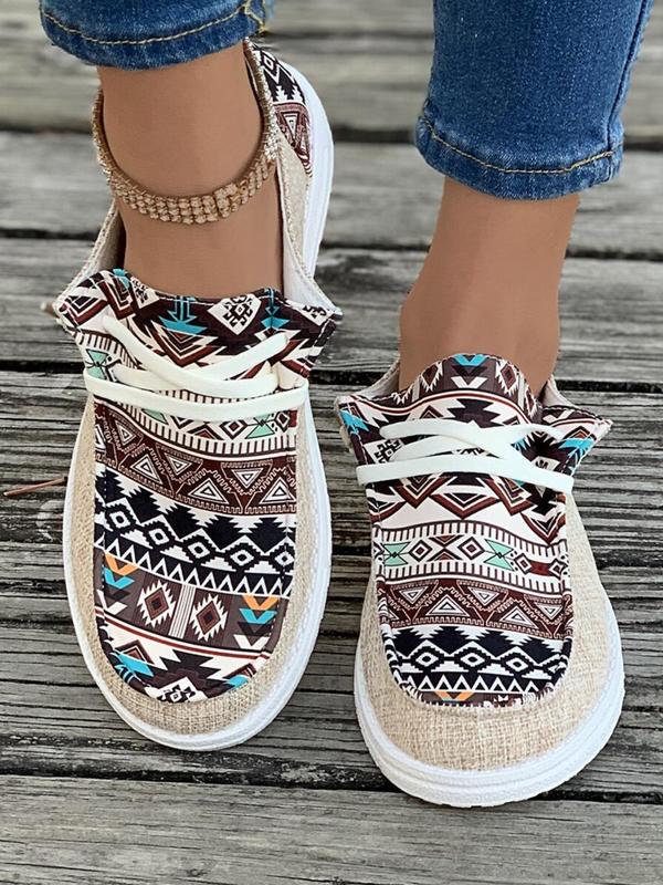 Women's Ethnic Pattern Lace Up Low Top Sneakers, Casual Comfortable Retro Flat Shoes, Female All-match Round Toe Shoes for Daily Wear