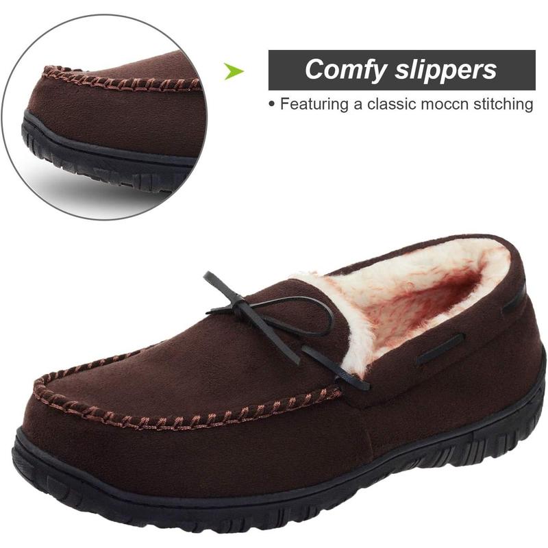 Men's moccasin slippers memory foam warm plush house slippers, indoor outdoor comfortable winter house shoes