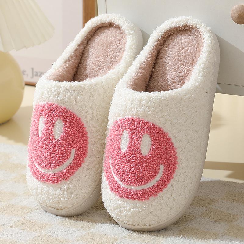 Comfort Women Soft Plush Smile Slippers Retro Slippers with Smile Face Happy Face Slippers Slip-on Cory Rubber Walking Shoes Footwear