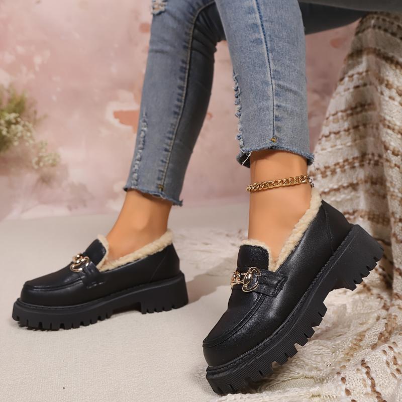 Women's Fashion Chain-Accented Oxford Shoes - Casual, Slip-On, Non-Slip Rubber Sole with Plush Lining for Winter Comfort