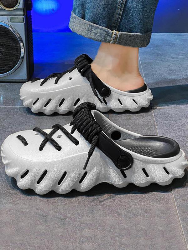 Men's Sporty Hollow Out Lace Up Design Slides, 2024 New Style Breathable Comfortable Sports Slide, Non-slip Slippers for Beach Vacation