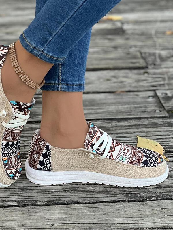 Women's Ethnic Pattern Lace Up Low Top Sneakers, Casual Comfortable Retro Flat Shoes, Female All-match Round Toe Shoes for Daily Wear