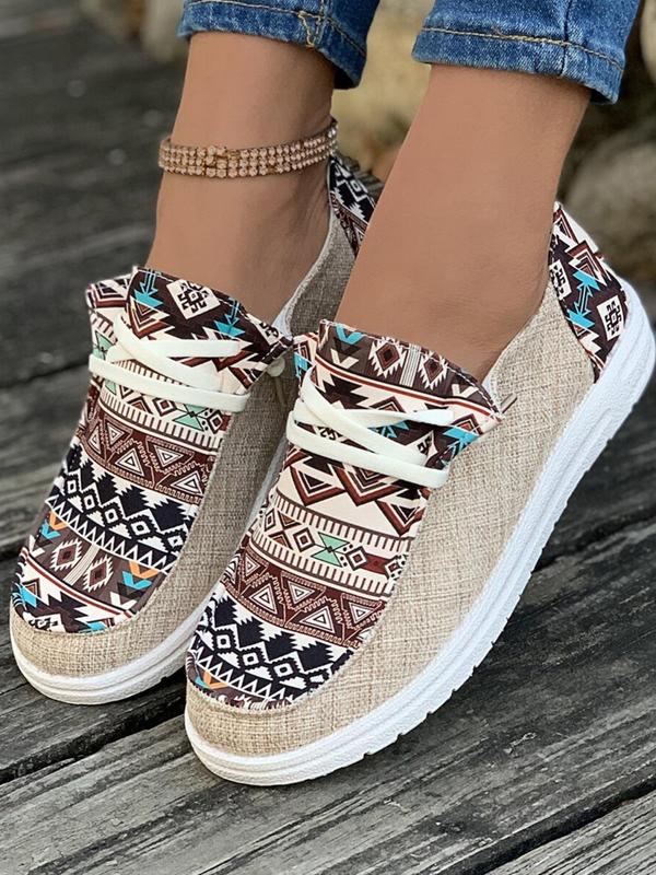 Women's Ethnic Pattern Lace Up Low Top Sneakers, Casual Comfortable Retro Flat Shoes, Female All-match Round Toe Shoes for Daily Wear