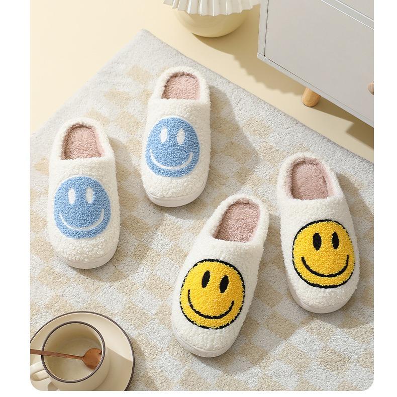 Comfort Women Soft Plush Smile Slippers Retro Slippers with Smile Face Happy Face Slippers Slip-on Cory Rubber Walking Shoes Footwear