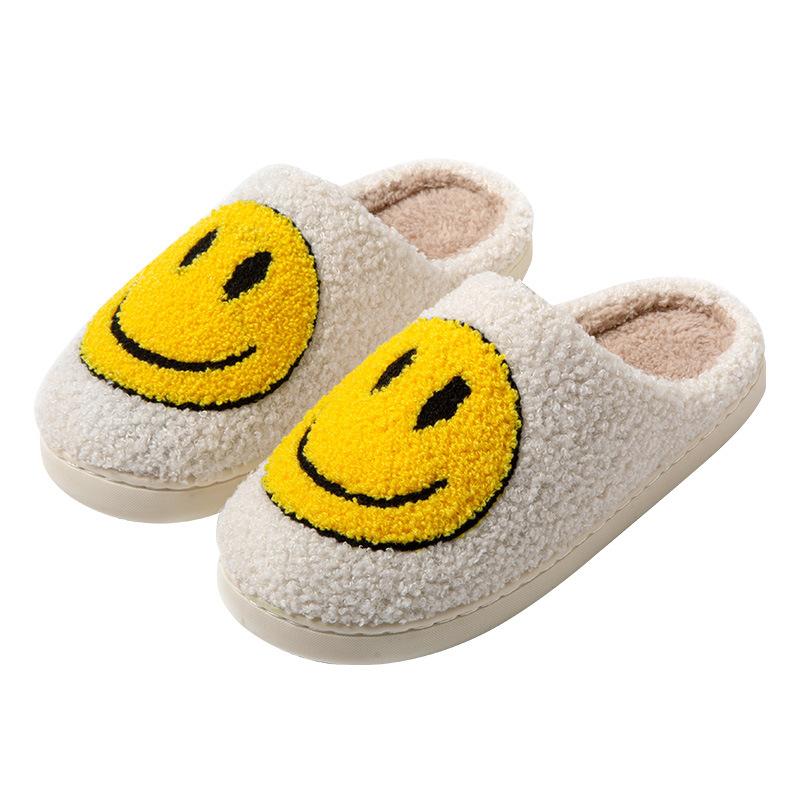 Comfort Women Soft Plush Smile Slippers Retro Slippers with Smile Face Happy Face Slippers Slip-on Cory Rubber Walking Shoes Footwear