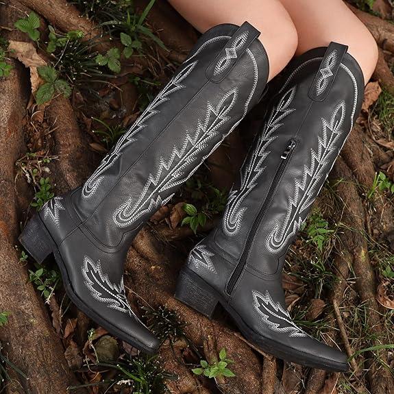 Cowboy Boots for Women - Knee High Embroidered Western Cowgirl Boots, Pointed Toe Chunky Heel Retro Boots, Pull On Zipper Vintage, Halloween Gifts, Botas