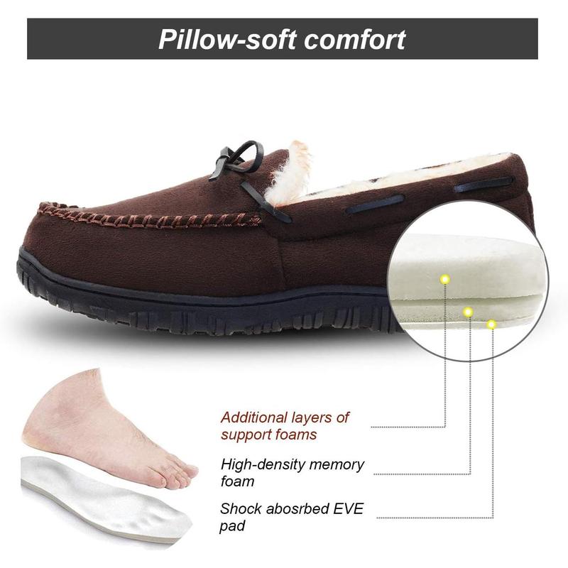 Men's moccasin slippers memory foam warm plush house slippers, indoor outdoor comfortable winter house shoes