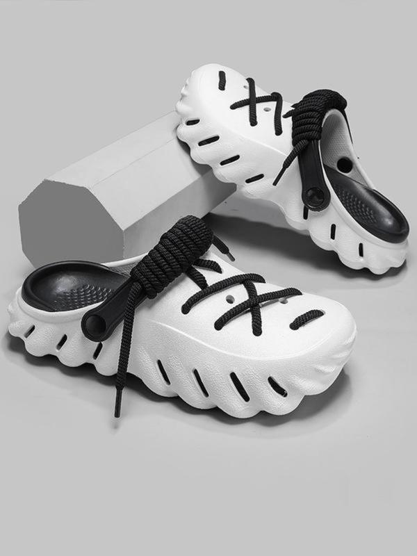 Men's Sporty Hollow Out Lace Up Design Slides, 2024 New Style Breathable Comfortable Sports Slide, Non-slip Slippers for Beach Vacation