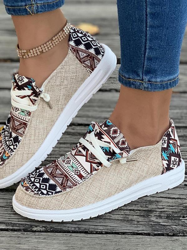 Women's Ethnic Pattern Lace Up Low Top Sneakers, Casual Comfortable Retro Flat Shoes, Female All-match Round Toe Shoes for Daily Wear