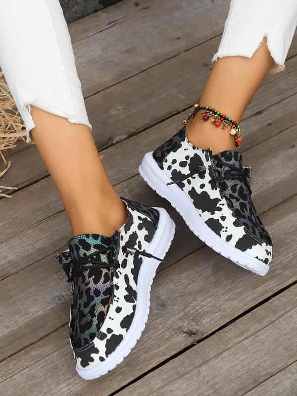 Summer Leopard Print Lace Up Canvas Sneakers, Casual Comfortable Breathable Round Toe Sports Shoes, Fashionable Shoes For Daily Back To School Wear