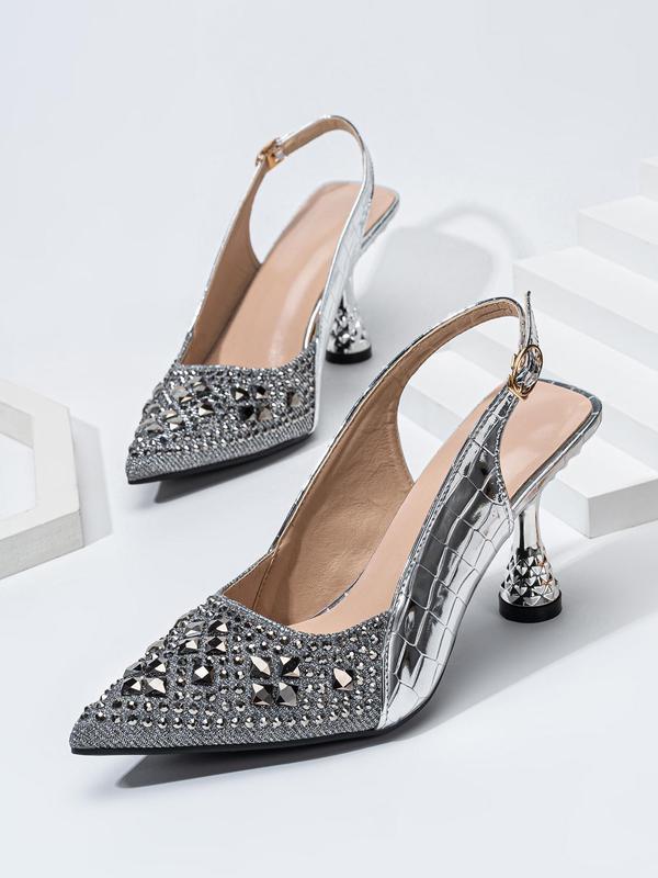 Fashionable Pointed Toe Slingback Sandals, Elegant Rhinestone Decorated Spool Heels, Fashionable Shoes for Party, Daily Clothing Decor for Women & Girls