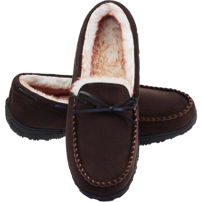 Men's moccasin slippers memory foam warm plush house slippers, indoor outdoor comfortable winter house shoes