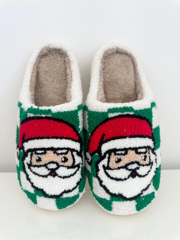 Festive Santa Green Checkered Cozy Slippers – Unisex Holiday Comfort