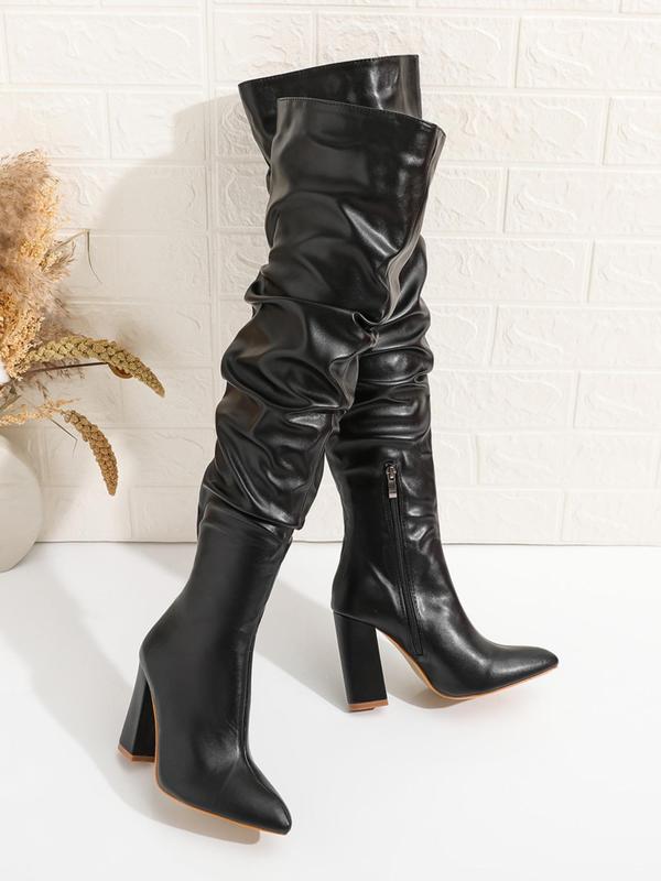 Women's Fashionable Solid Color Ruched Design Over-the-Knee Boots, Punk Style Pointed Toe High Heel Boots for Daily Wear, Female All-match Trendy Shoes for Fall & Winter Thigh High Boots