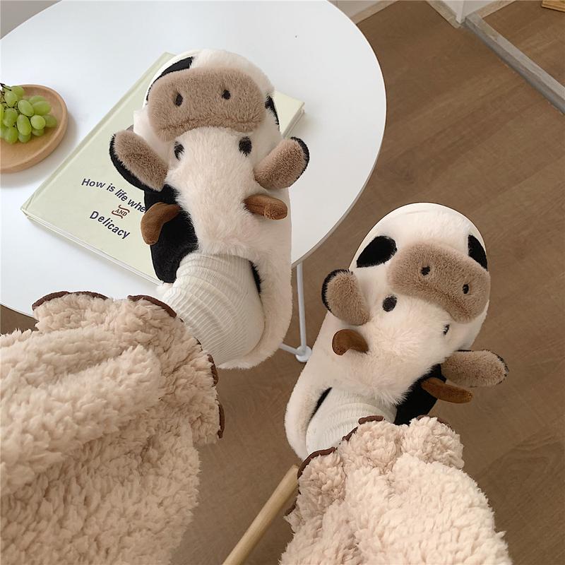 Unisex Cow Slippers - Adult Plush Animal Slippers, Cow Head Design, Cartoon Cute Cow Slippers, Cute Winter Aesthetic Slippers, Fluffy And Comfortable Cotton House Slippers, Suitable For Indoor And Outdoor Wear, Soft