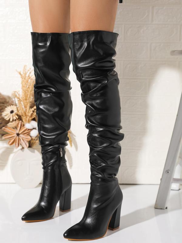 Women's Fashionable Solid Color Ruched Design Over-the-Knee Boots, Punk Style Pointed Toe High Heel Boots for Daily Wear, Female All-match Trendy Shoes for Fall & Winter Thigh High Boots