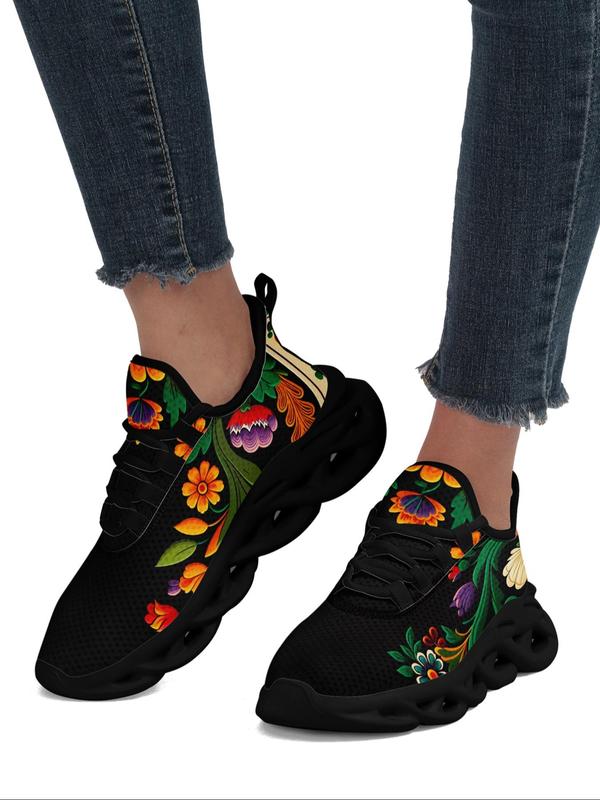 Women's Floral Pattern Lace Up Front Low Top Sneakers, Sneakers Women 2024, Lightweight Breathable Comfy Running Shoes, Summer 2024 Walking Shoes, Designer Sneakers for Training