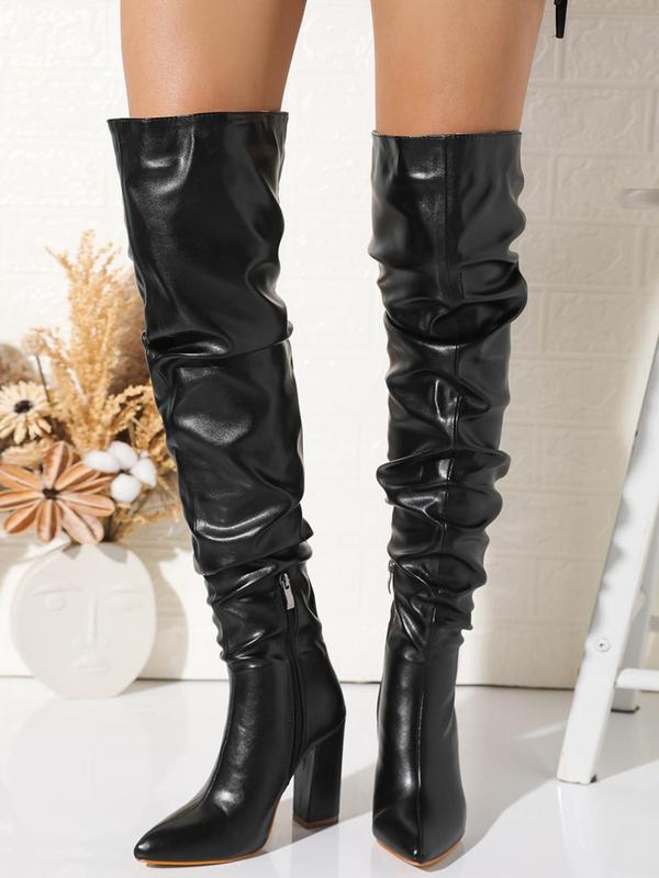 Women's Fashionable Solid Color Ruched Design Over-the-Knee Boots, Punk Style Pointed Toe High Heel Boots for Daily Wear, Female All-match Trendy Shoes for Fall & Winter Thigh High Boots