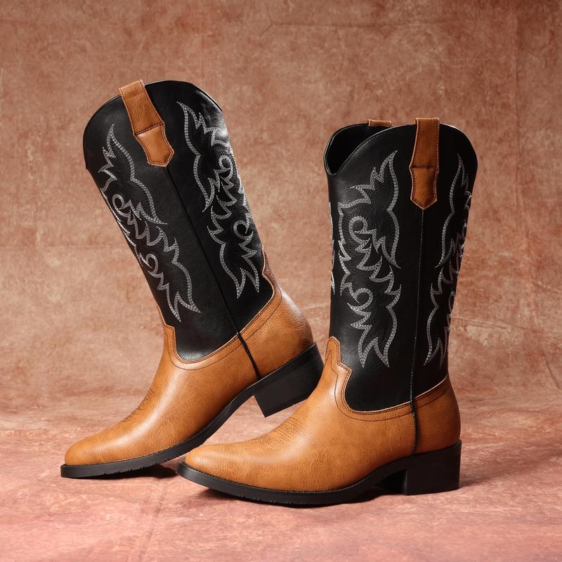 Eleet Western Cowboy Boots for Men - Pointed Toe Mid-Calf Botas with Classic Embroidery, Color-Block Design, Slip-Resistant Western Boots,  Comfort Vintage Walking Shoes