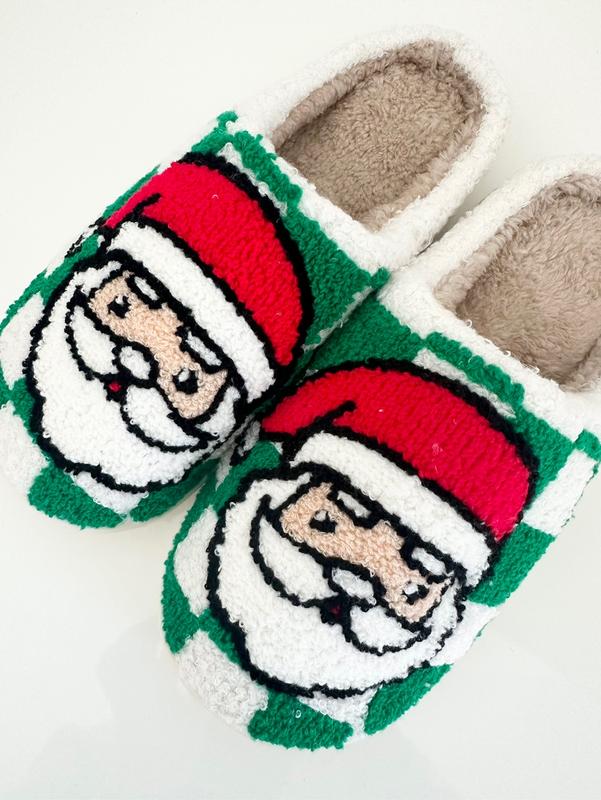 Festive Santa Green Checkered Cozy Slippers – Unisex Holiday Comfort