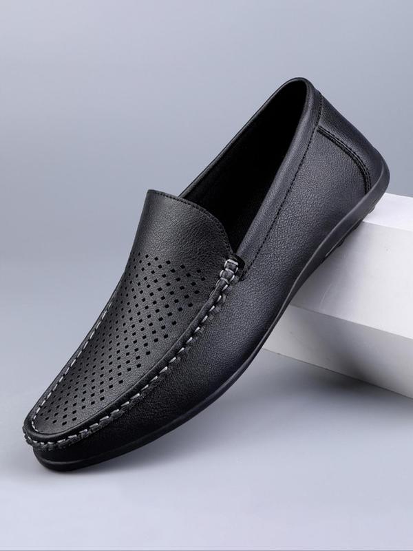 Men's Solid Color Hollow Out Design Round Toe Slip-on Shoes (1 Pair), Casual Comfortable Breathable Flat Shoes, Fashionable PU Leather Shoes for Daily Wear