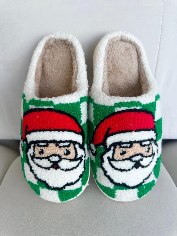 Festive Santa Green Checkered Cozy Slippers – Unisex Holiday Comfort