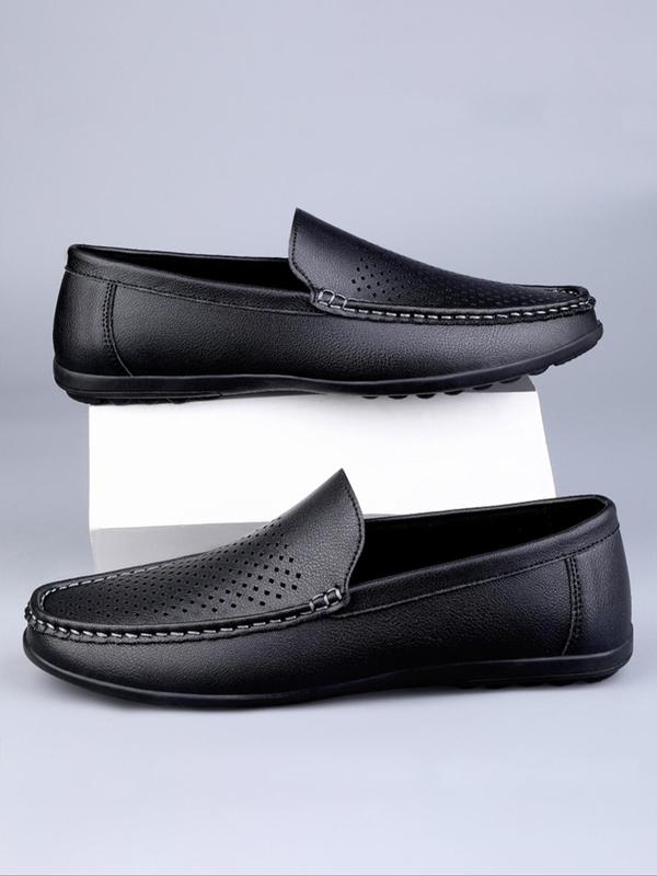 Men's Solid Color Hollow Out Design Round Toe Slip-on Shoes (1 Pair), Casual Comfortable Breathable Flat Shoes, Fashionable PU Leather Shoes for Daily Wear