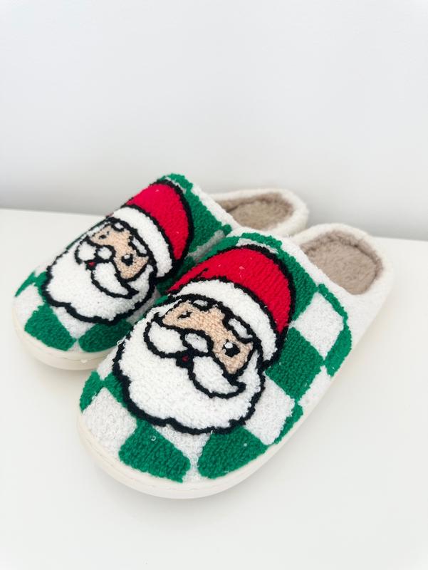 Festive Santa Green Checkered Cozy Slippers – Unisex Holiday Comfort