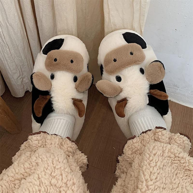 Unisex Cow Slippers - Adult Plush Animal Slippers, Cow Head Design, Cartoon Cute Cow Slippers, Cute Winter Aesthetic Slippers, Fluffy And Comfortable Cotton House Slippers, Suitable For Indoor And Outdoor Wear, Soft