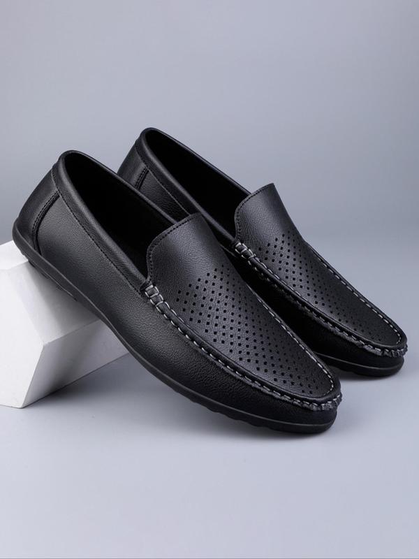 Men's Solid Color Hollow Out Design Round Toe Slip-on Shoes (1 Pair), Casual Comfortable Breathable Flat Shoes, Fashionable PU Leather Shoes for Daily Wear