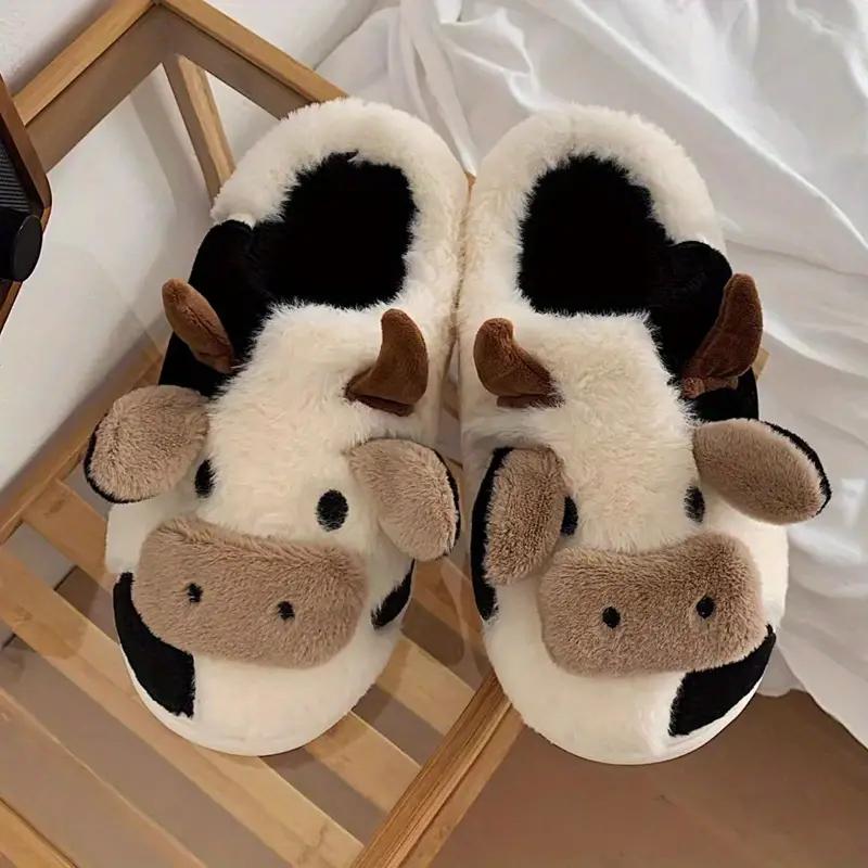 Unisex Cow Slippers - Adult Plush Animal Slippers, Cow Head Design, Cartoon Cute Cow Slippers, Cute Winter Aesthetic Slippers, Fluffy And Comfortable Cotton House Slippers, Suitable For Indoor And Outdoor Wear, Soft