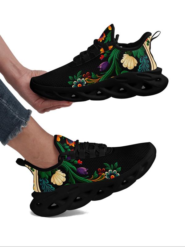 Women's Floral Pattern Lace Up Front Low Top Sneakers, Sneakers Women 2024, Lightweight Breathable Comfy Running Shoes, Summer 2024 Walking Shoes, Designer Sneakers for Training