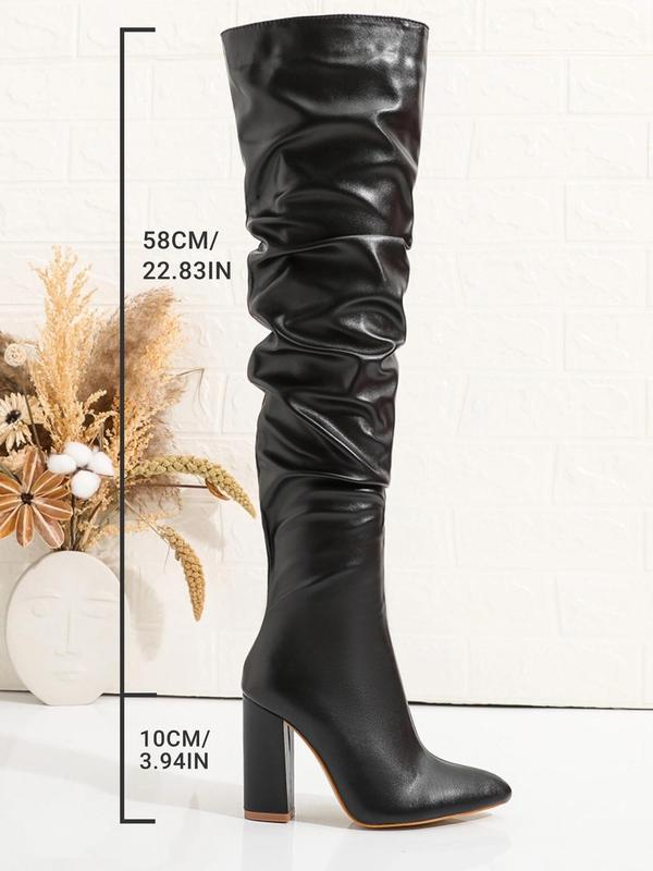 Women's Fashionable Solid Color Ruched Design Over-the-Knee Boots, Punk Style Pointed Toe High Heel Boots for Daily Wear, Female All-match Trendy Shoes for Fall & Winter Thigh High Boots