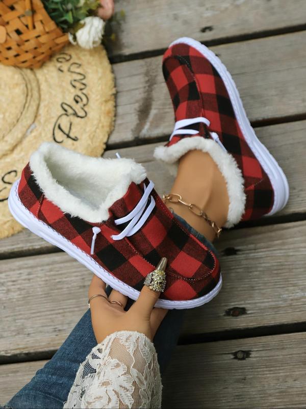 Women's Fashionable Plaid Pattern Lace Up Snow Boots, 2024 New Style Casual Comfortable Warm Ankle Boots for Fall & Winter, Female All-match Trendy Shoes for Daily Wear