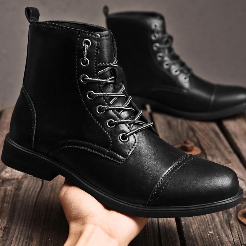 Men's Combat Boots Flat Lace-up Leather Ankle Booties Casual Comfortable Classic Leather Dress Shoes