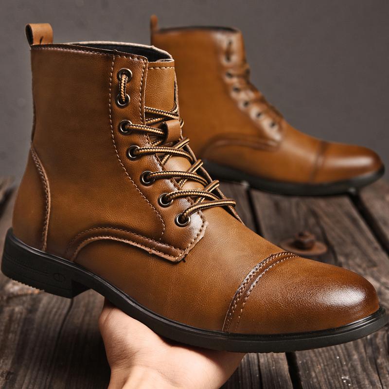 Men's Combat Boots Flat Lace-up Leather Ankle Booties Casual Comfortable Classic Leather Dress Shoes