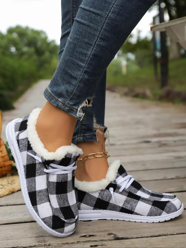 Women's Fashionable Plaid Pattern Lace Up Snow Boots, 2024 New Style Casual Comfortable Warm Ankle Boots for Fall & Winter, Female All-match Trendy Shoes for Daily Wear