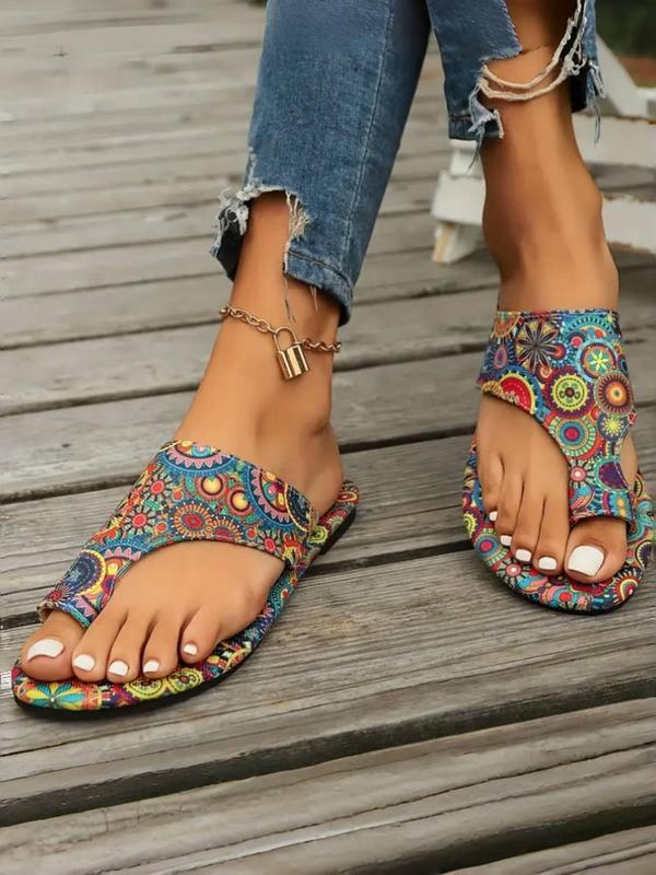 Women's Boho Style Ethnic Pattern Slip on Sandals, Casual Trendy Toe Thong Sandals, Fashionable Shoes for Summer Beach Vacation