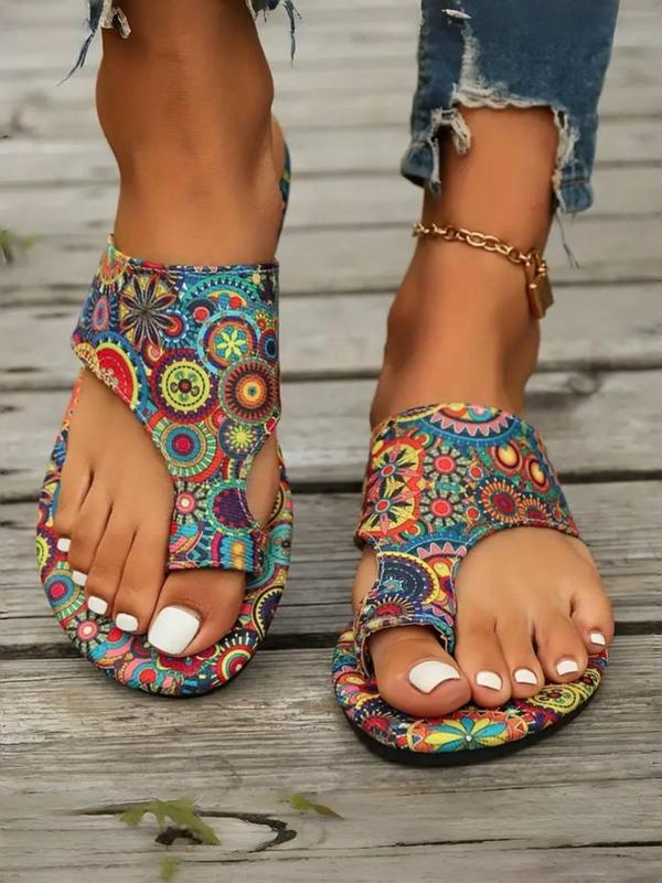 Women's Boho Style Ethnic Pattern Slip on Sandals, Casual Trendy Toe Thong Sandals, Fashionable Shoes for Summer Beach Vacation