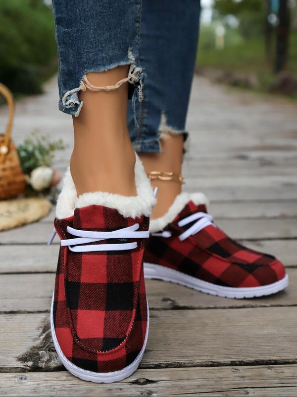 Women's Fashionable Plaid Pattern Lace Up Snow Boots, 2024 New Style Casual Comfortable Warm Ankle Boots for Fall & Winter, Female All-match Trendy Shoes for Daily Wear