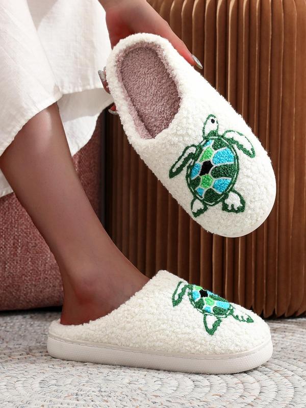 Women's Cute Cartoon Turtle Pattern Plush Slippers, Casual No-slip Soft Comfortable Home Slippers, Warm Slippers for Indoor & Outdoor Use for All Seasons