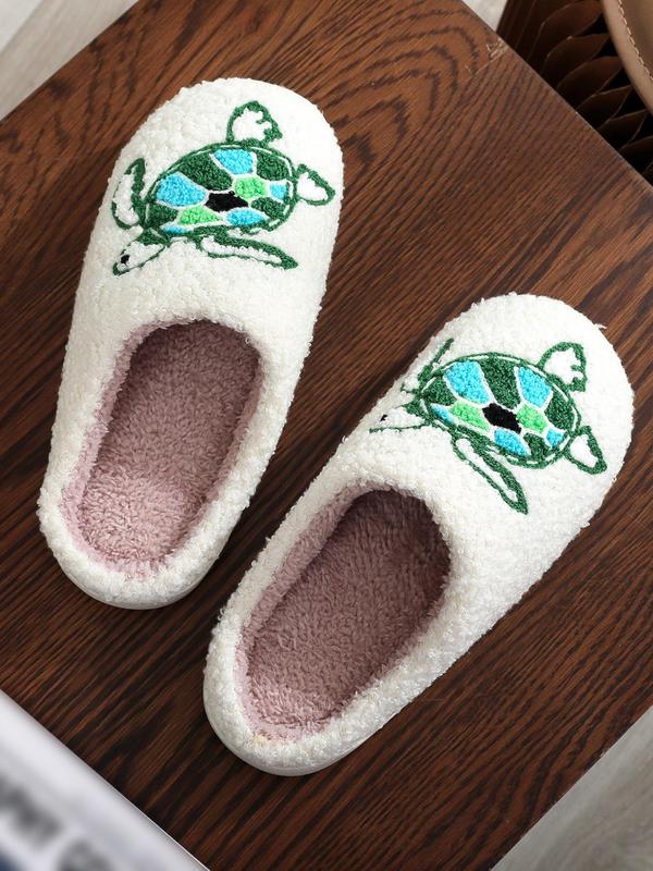 Women's Cute Cartoon Turtle Pattern Plush Slippers, Casual No-slip Soft Comfortable Home Slippers, Warm Slippers for Indoor & Outdoor Use for All Seasons