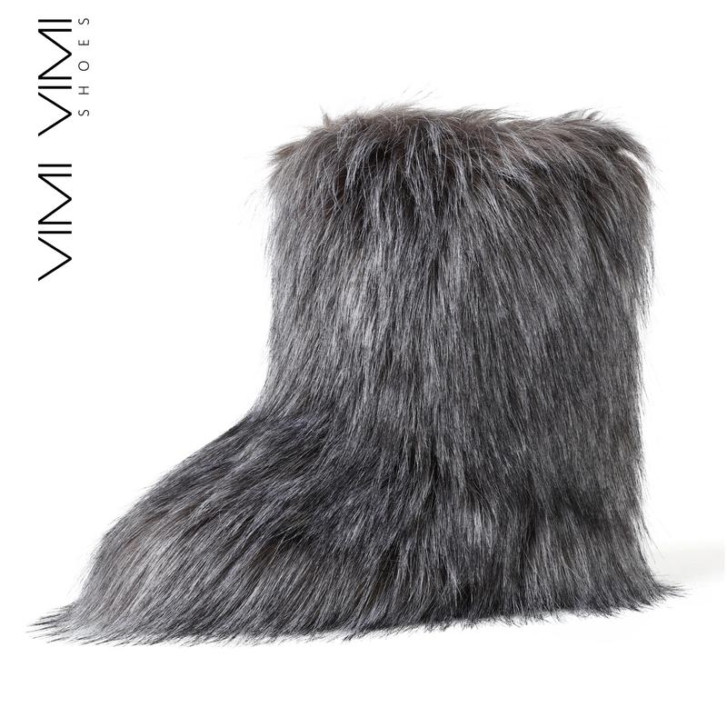 VIMI VIMI Faux Fur Boots for Womens Fluffy Warm Round Toe Mid Calf Boot Winter Shoes Snow Fur Booties