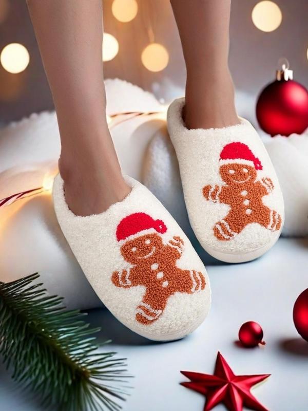 Women's Cute Gingerbread Man Design Plush Slippers, Casual Soft Comfortable Home Slippers, Warm Slippers for Indoor & Outdoor Use for Fall & Winter Fluffy Slippers