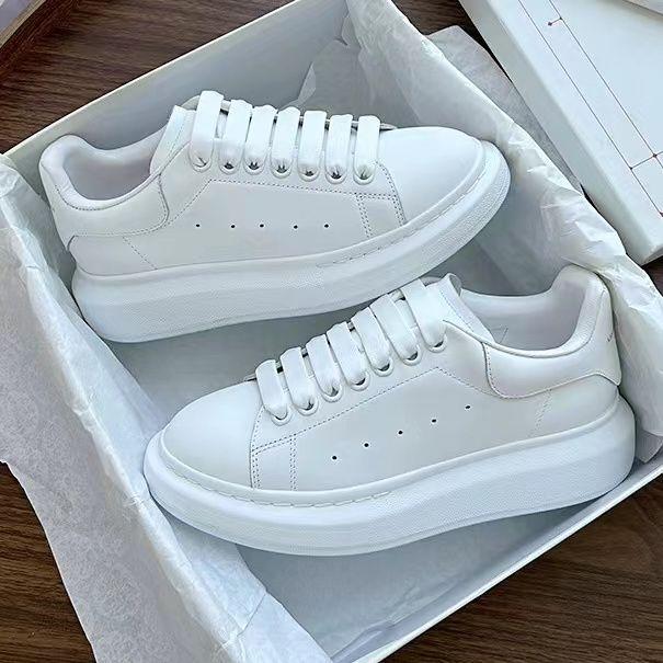 Spring and Autumn Haze Blue McQueen Little White Shoes Men and Women Couples Campus Style Youth Versatile Leisure Sports Waterproof Board Shoes white  leather