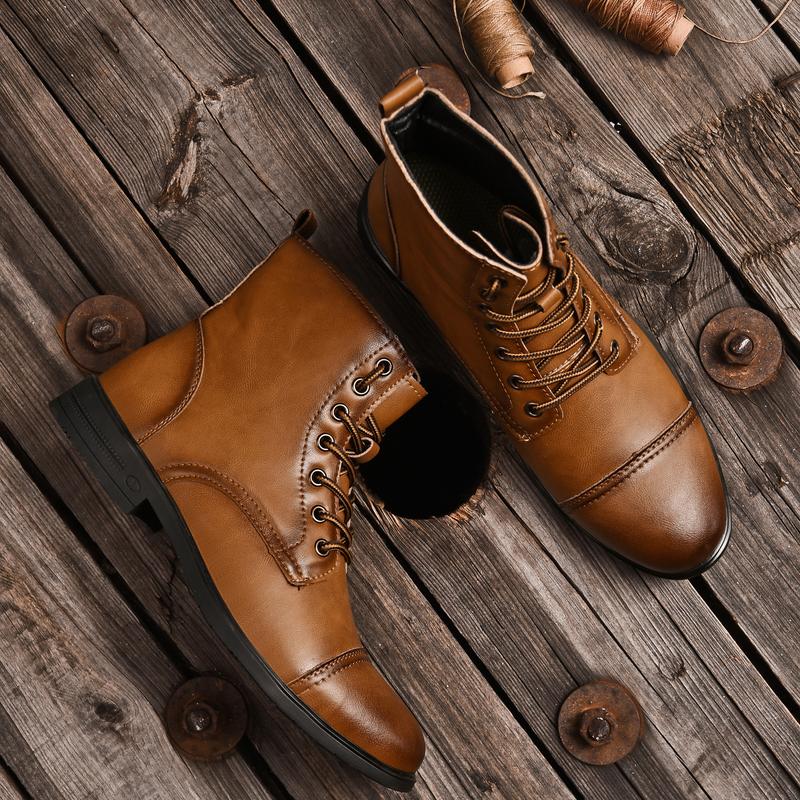 Men's Combat Boots Flat Lace-up Leather Ankle Booties Casual Comfortable Classic Leather Dress Shoes