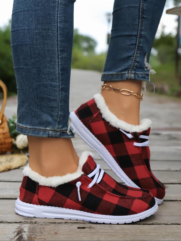 Women's Fashionable Plaid Pattern Lace Up Snow Boots, 2024 New Style Casual Comfortable Warm Ankle Boots for Fall & Winter, Female All-match Trendy Shoes for Daily Wear