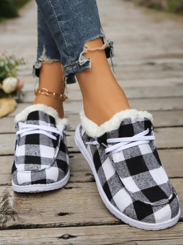 Women's Fashionable Plaid Pattern Lace Up Snow Boots, 2024 New Style Casual Comfortable Warm Ankle Boots for Fall & Winter, Female All-match Trendy Shoes for Daily Wear